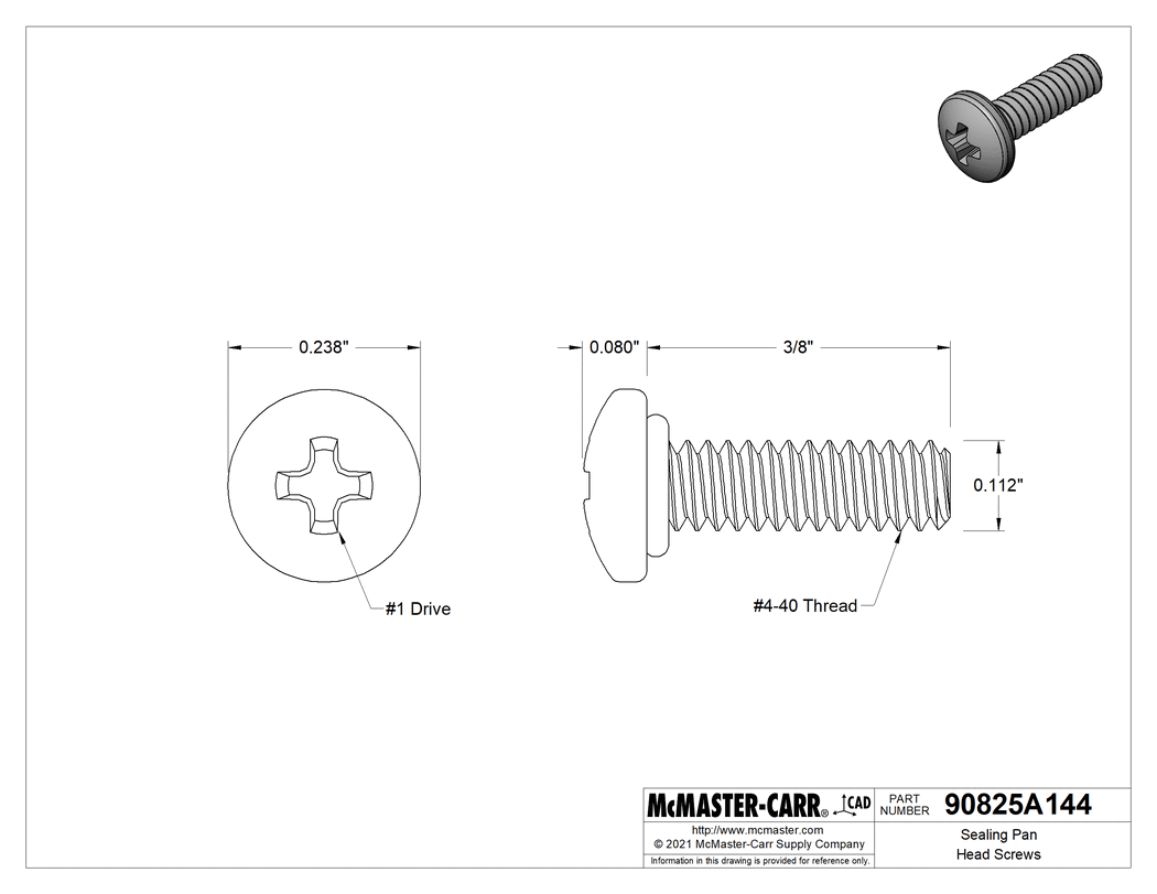 Technical Drawing of Sealing Pan Head Screws, with Buna-N Rubber O-Ring, 4-40 Thread Size, 3/8" Long.